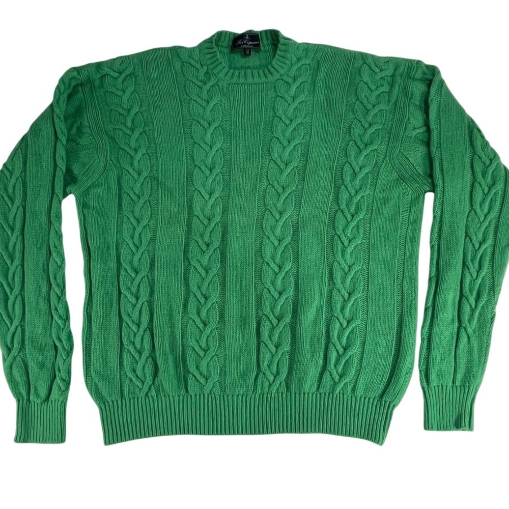 Les Copains Cashmere Sweater Mens 50 Green Cable Knit Crew Neck Made in Italy